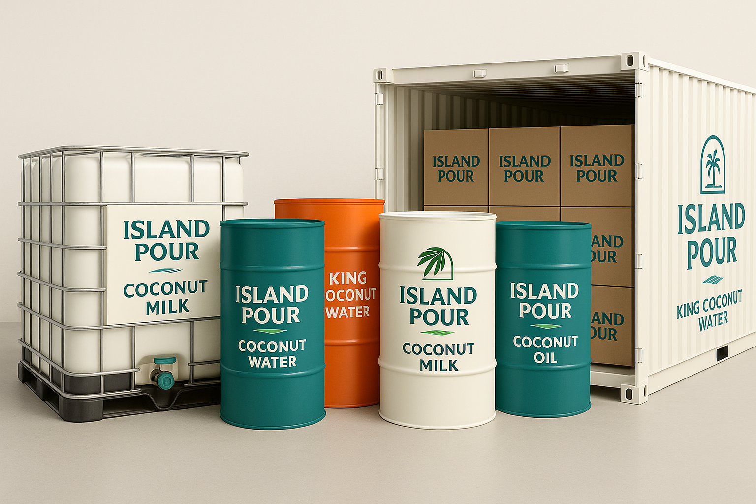 Island Pour bulk coconut product packaging including IBC totes, 55-gallon drums, and container loads