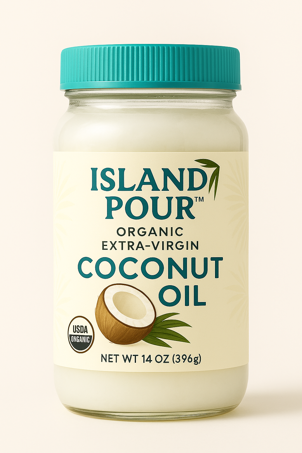 Island Pour organic extra-virgin coconut oil in glass jar
