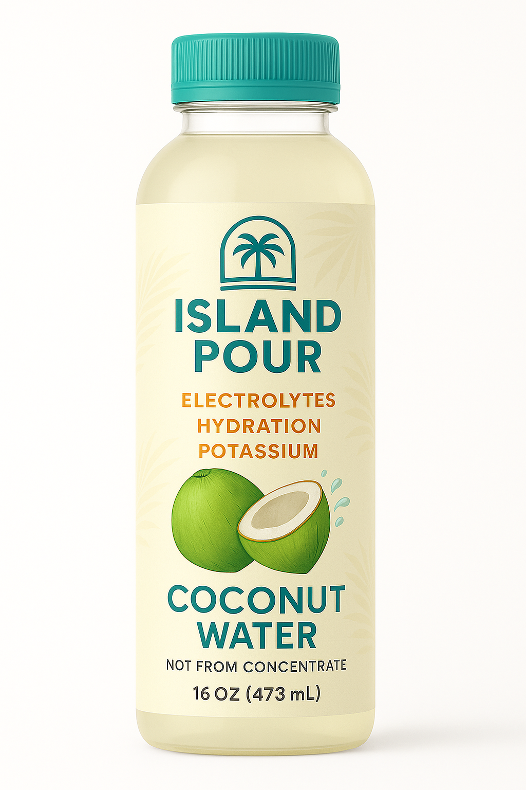 Island Pour Organic Coconut Water in 16oz bottle with teal cap